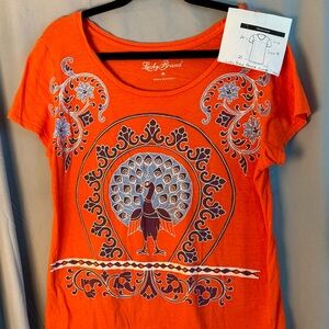 Lucky Brand Womens Peacock Print Top Size M Orange Short Sleeve Hippie Boho NWOT